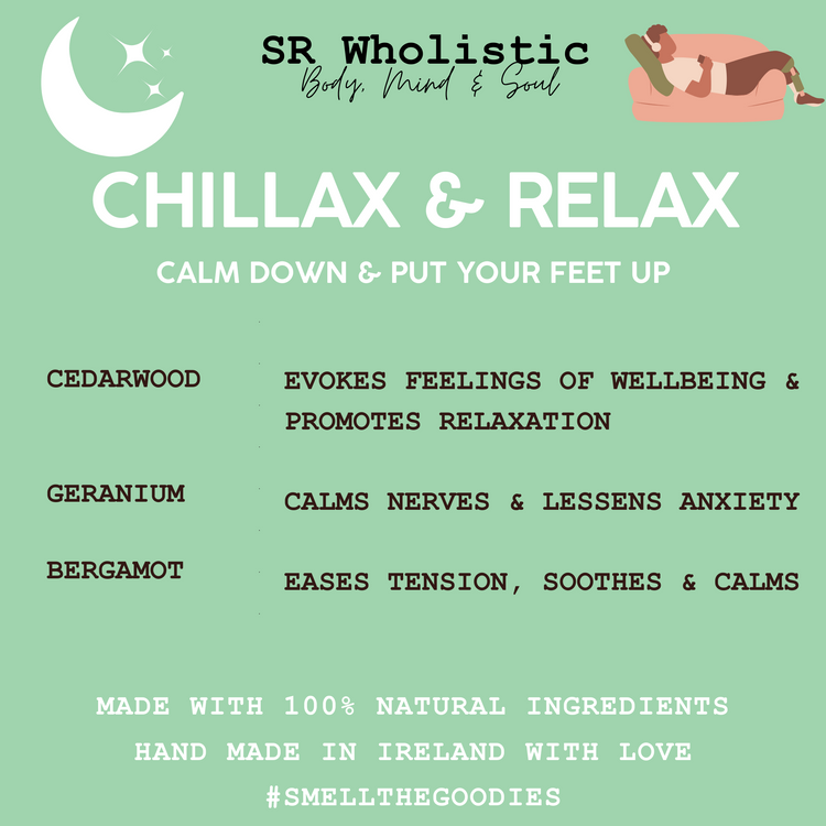 chillax, relax, aromatherapy, smells like calm, cedarwood, bergamot, geranium, stress relief, self-care, gift sets, soy candle, wax melts, bath bomb, room spray, rollerball, essential oil, handmade, vegan, spa at home, lush style
