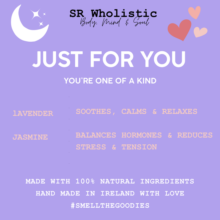 just for you, jasmine, lavender, floral aromatherapy, calm, self-care gift, gifting, rollerball, candle, wax melt, diffuser blend, bath bomb, handmade, spa at home, gift set, gentle, soft, soothing scent, thoughtful gift