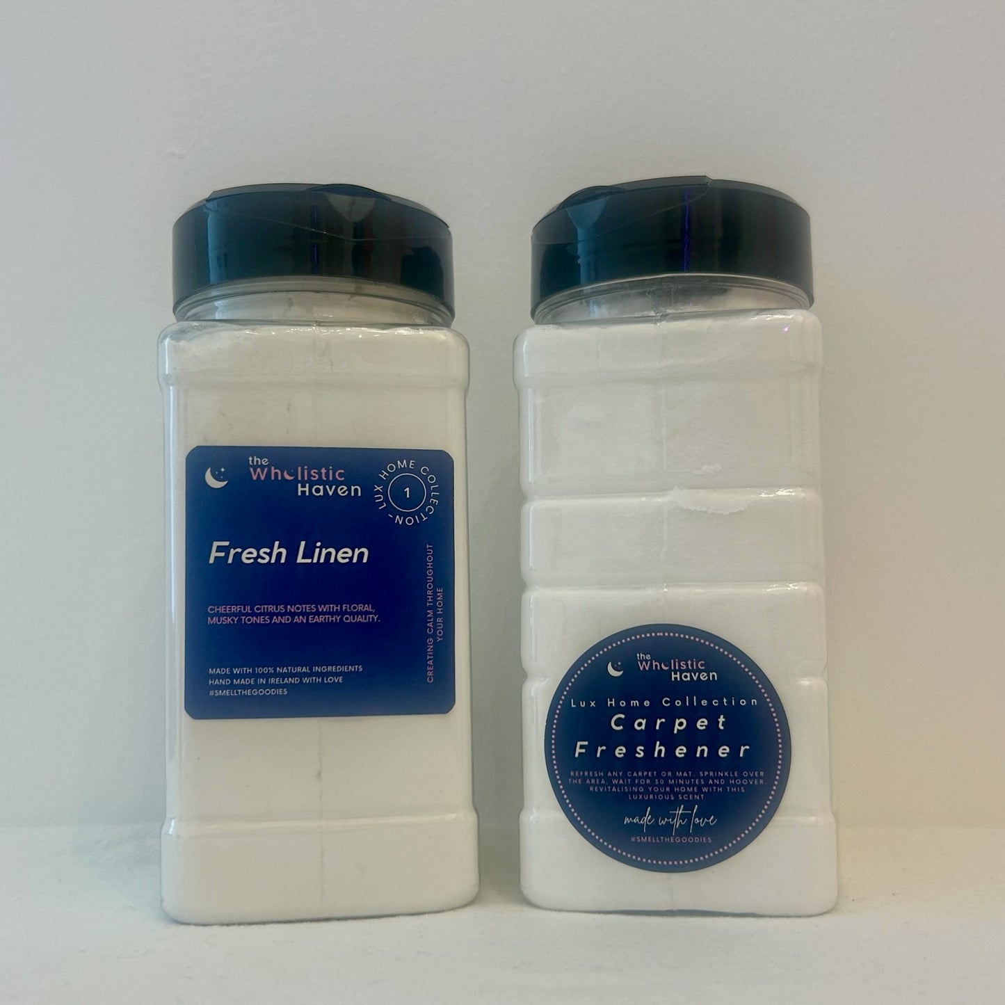 Front and back view of The Wholistic Haven Luxury Fresh Linen Carpet Freshener packaging, showing label details and usage instructions.