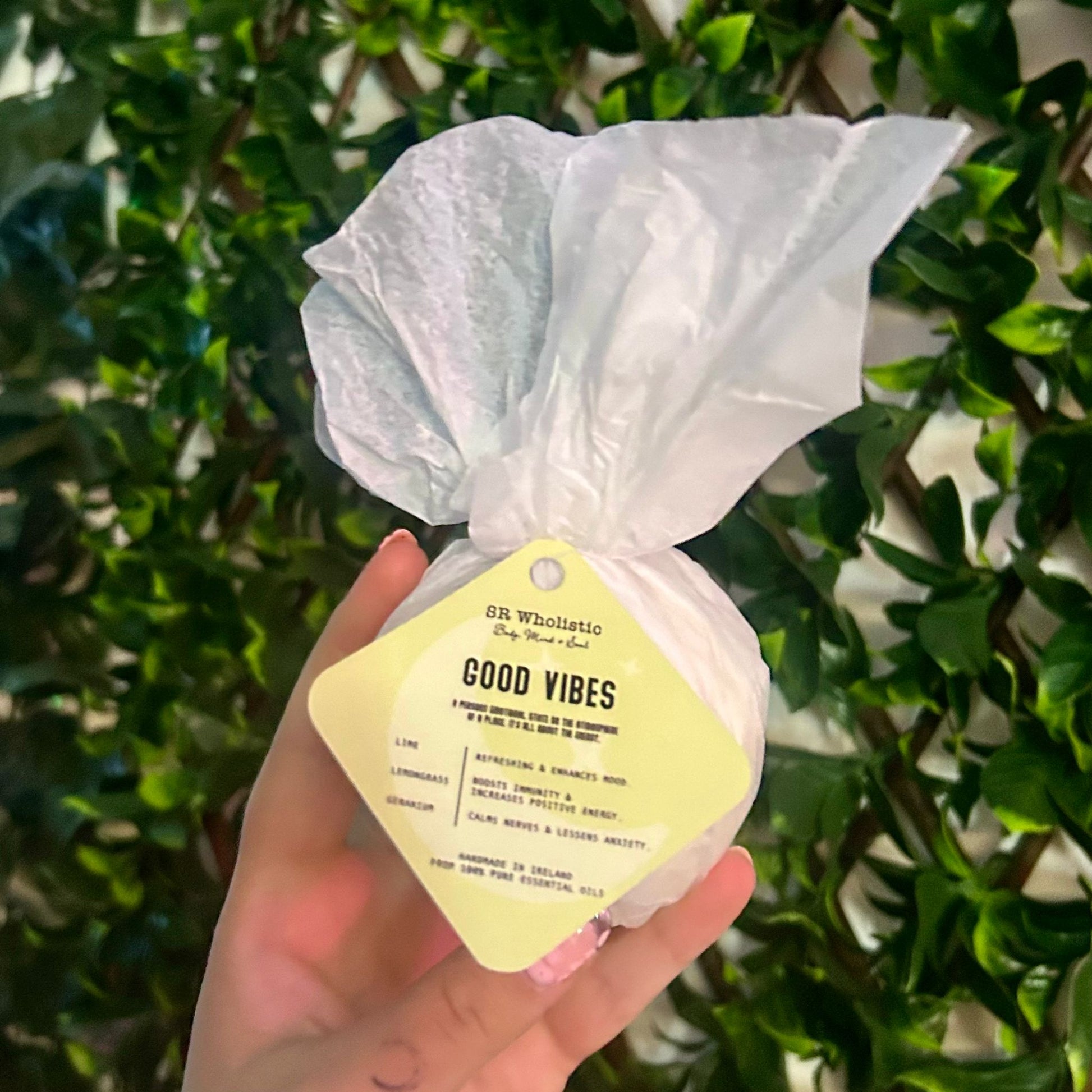 "GOODVIBES AROMATHERAPY BATH BOMB PACKED WITH UPLIFTING ESSENTIAL OILS"