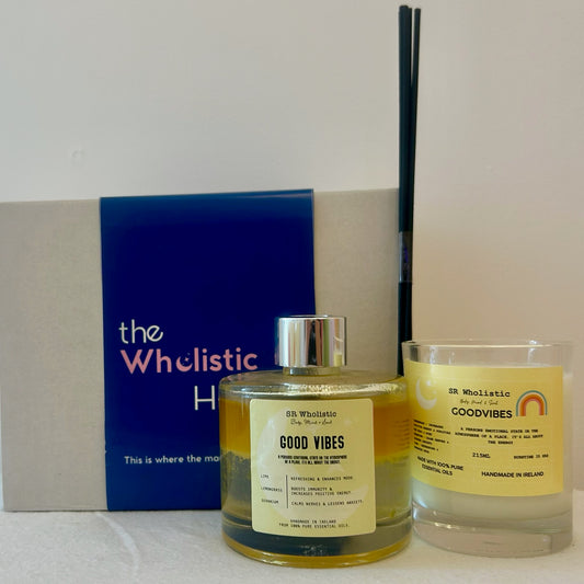 Goodvibes aromatherapy gift set in packaging  - Candle & reed diffuser - lemon, lime & geranium
