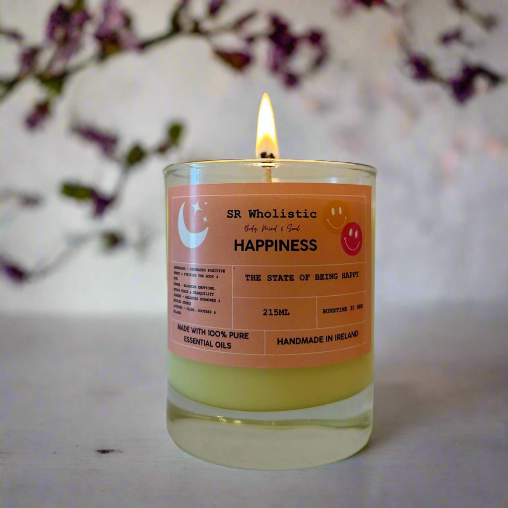 "Happiness candle burning softly, emitting a warm and joyful glow to brighten any space."