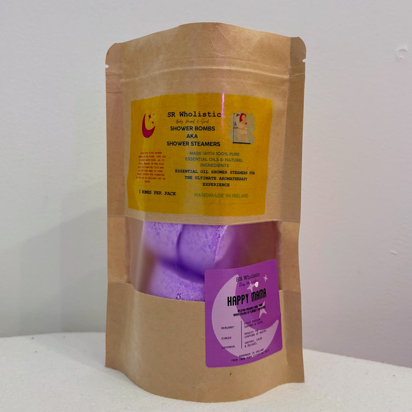 Happy Mama Shower Bombs packet sealed with five Bergamot, lavender & ginger shower bombs visible inside