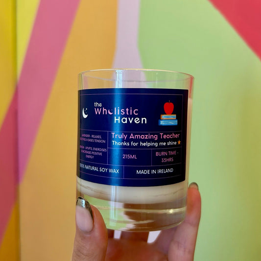The Truly Amazing Teacher Candle - Just one of the many aromatherapy teacher gifts under £15 including bath bombs, rollerballs, and wax melts – all handmade by The Wholistic Haven."