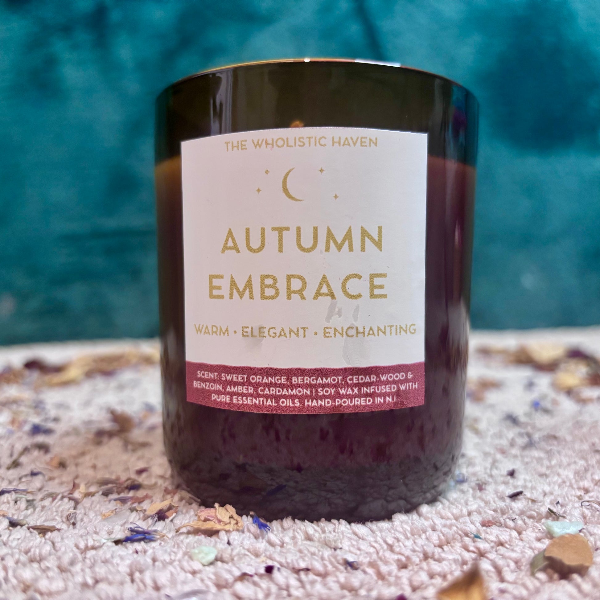 Autumn Embrace candle with amber-toned label, 250ml glass jar, hand-poured soy wax