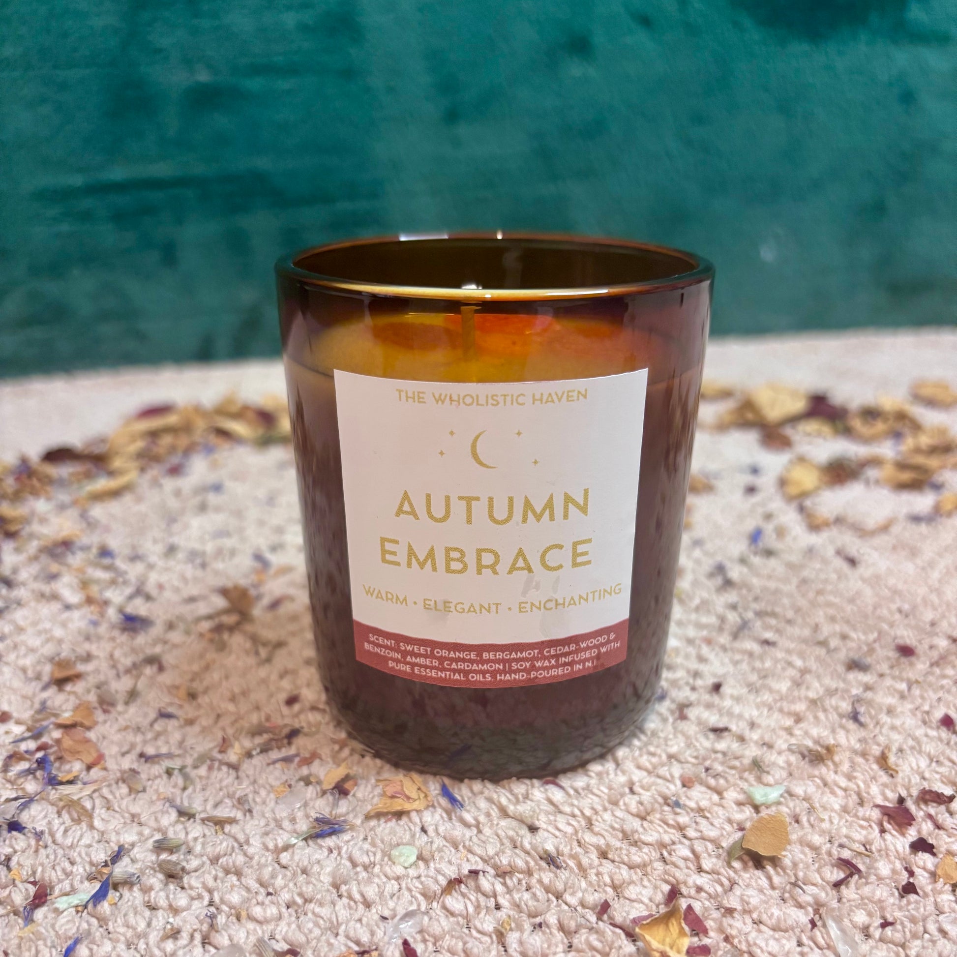 Autumn Embrace candle with amber-toned label, 250ml glass jar, hand-poured soy wax