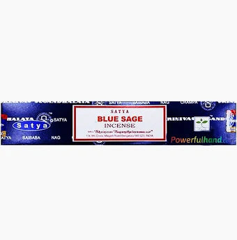 Box of Satya Blue Sage incense sticks on a white background