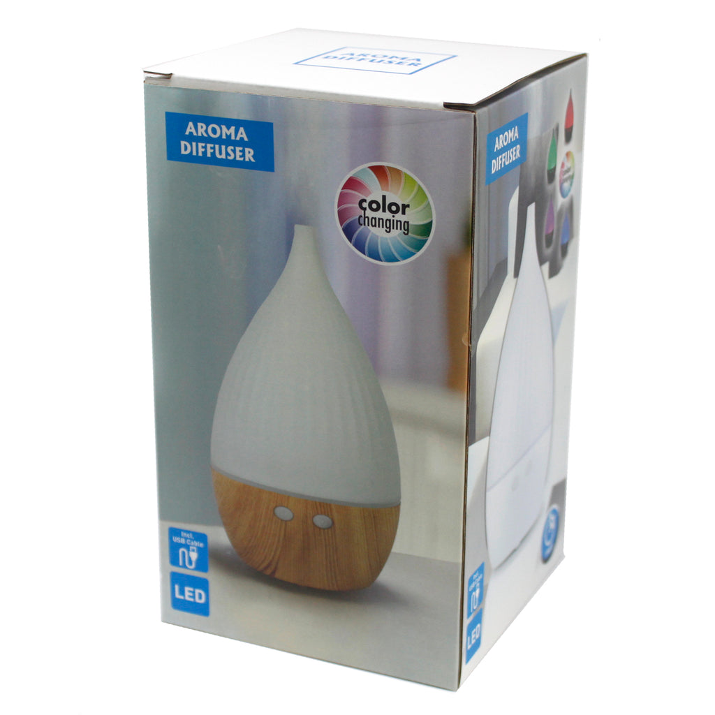 Boxed aroma diffuser with color-changing feature and LED light indicator