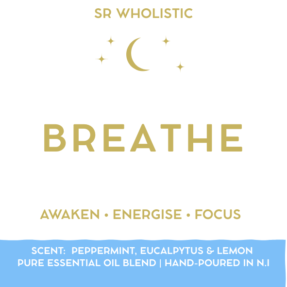 SR Wholistic 'Breathe' essential oil blend packaging with text and branding elements.