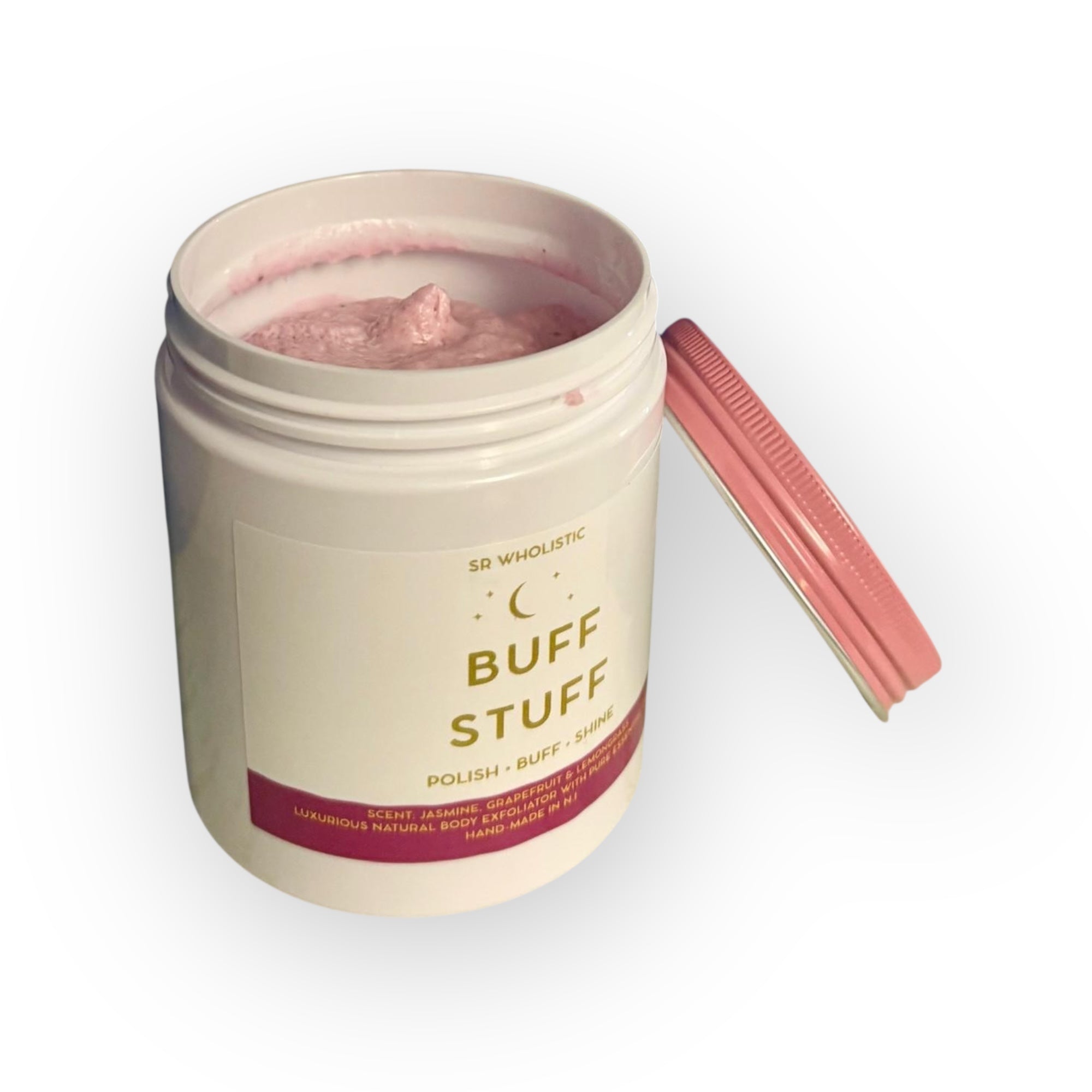 Jar of 'BUFF STUFF' with a pink scrub inside on a white background