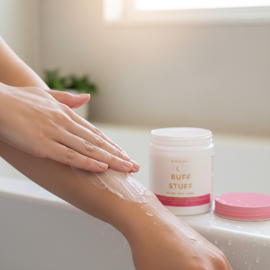 Person applying a product to their arm with a container labeled 'BUFF STUFF' in the background.