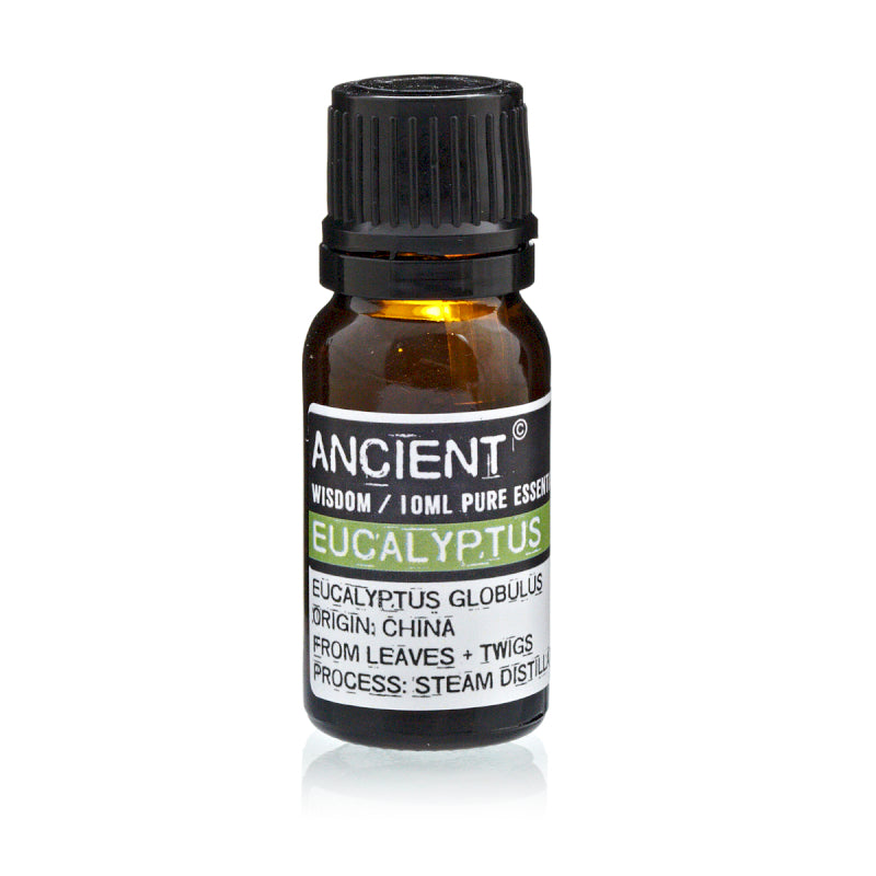 Bottle of Eucalyptus essential oil with label on a white background