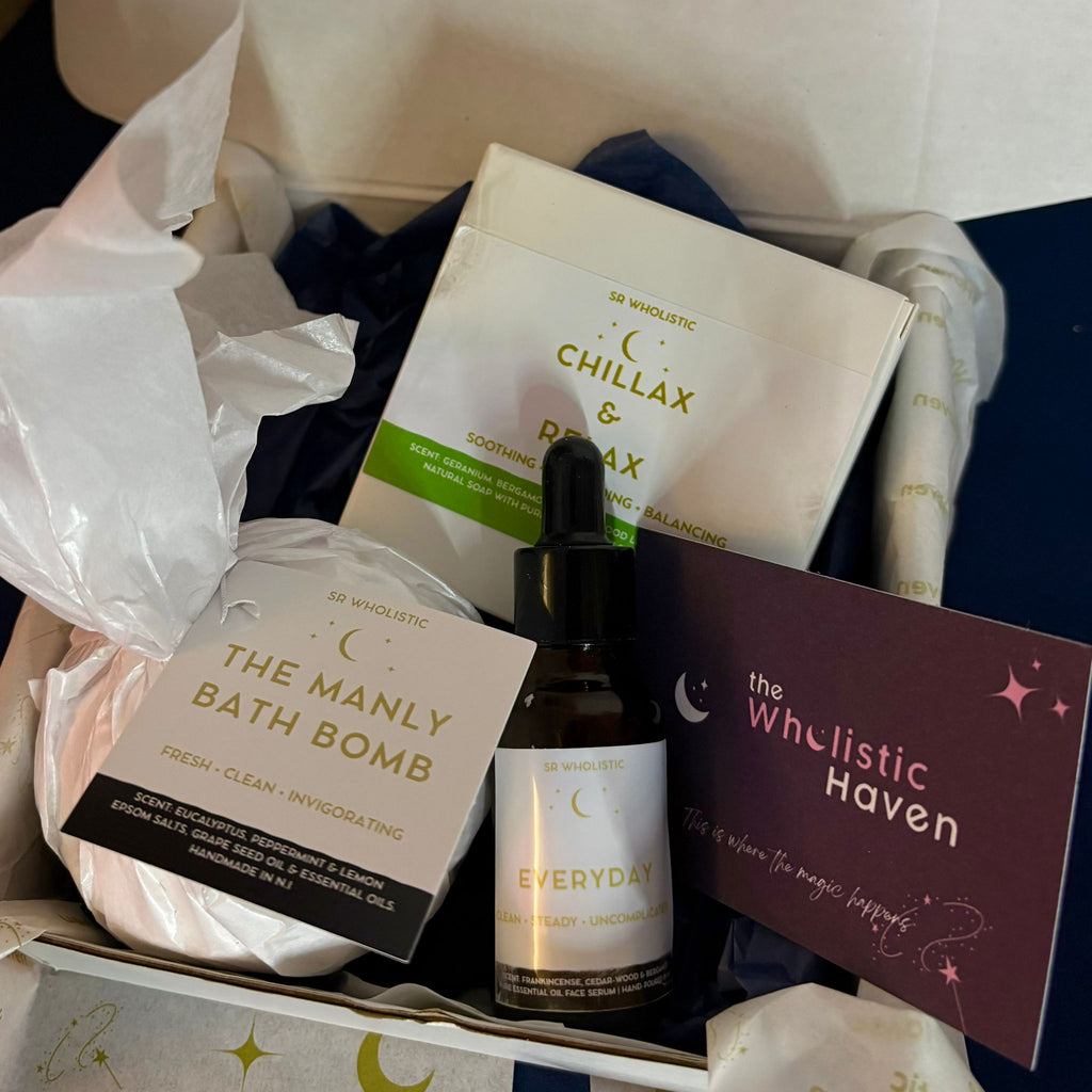 Box containing skincare and wellness products from The Whllistic Haven