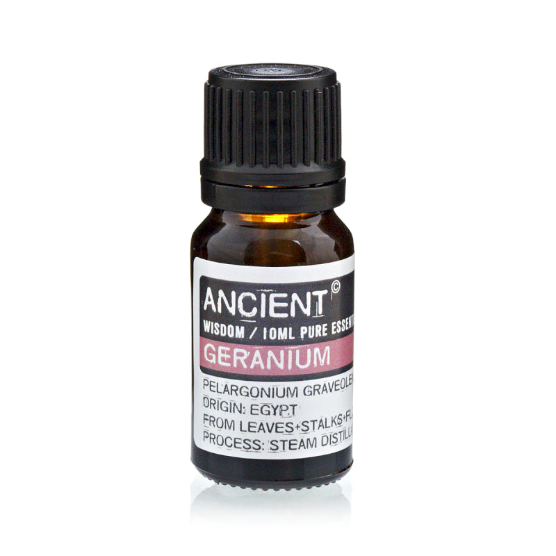Bottle of Ancient Wisdom Geranium essential oil on a white background