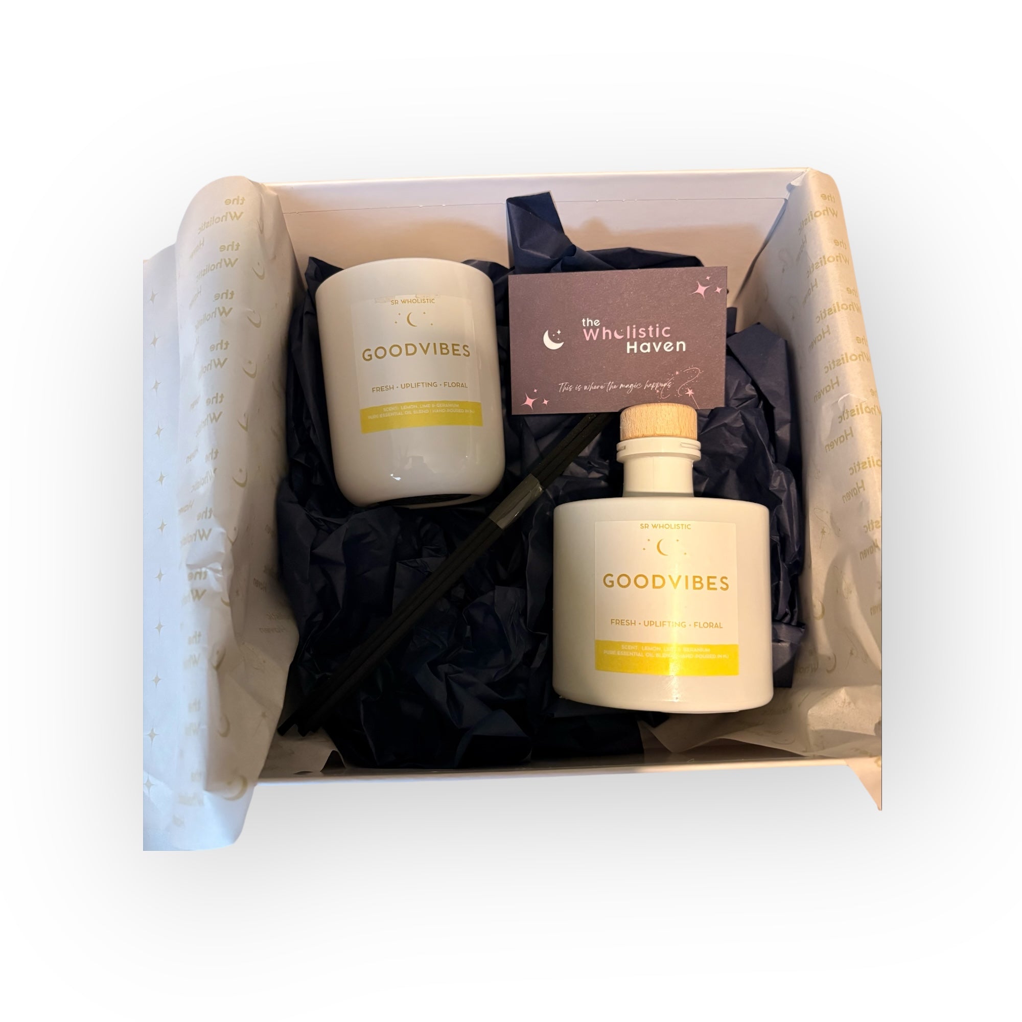 Goodvibes candle and diffuser inside box