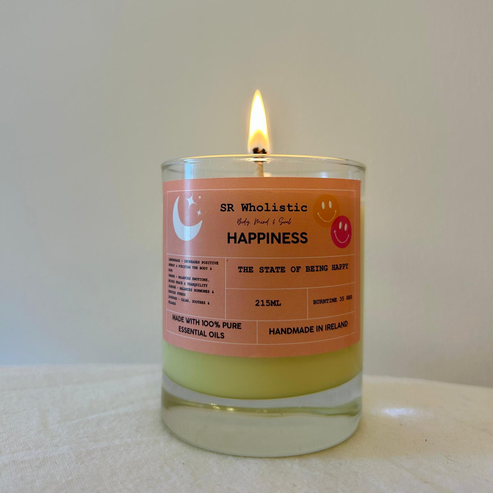 "Happiness candle burning softly, emitting a warm and joyful glow to brighten any space."