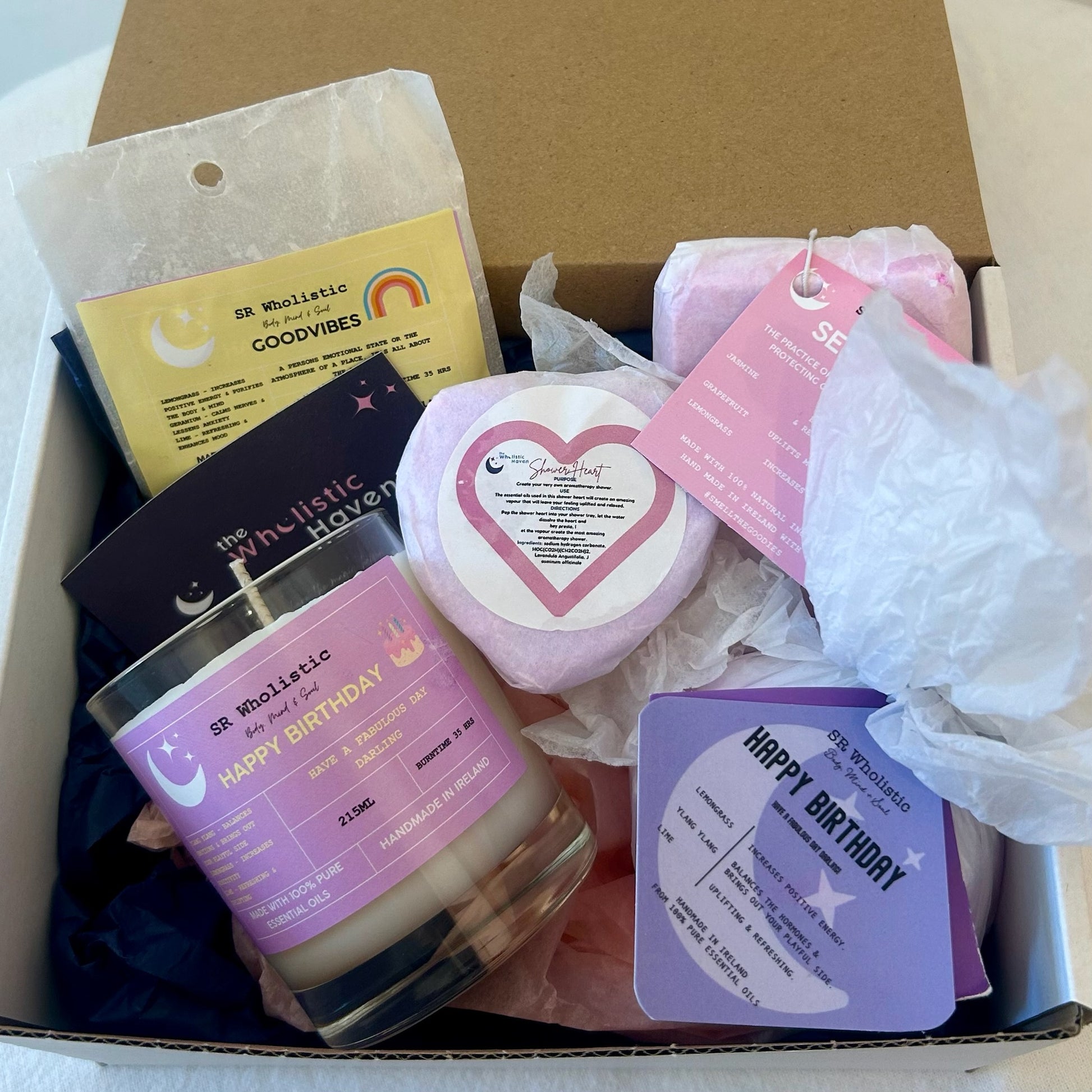 "Open Happy Birthday Gift Set showcasing candle, bath bomb, rollerball, wax melts, and shower bomb neatly arranged inside a colorful gift box – perfect for celebration and uplifting aromatherapy."