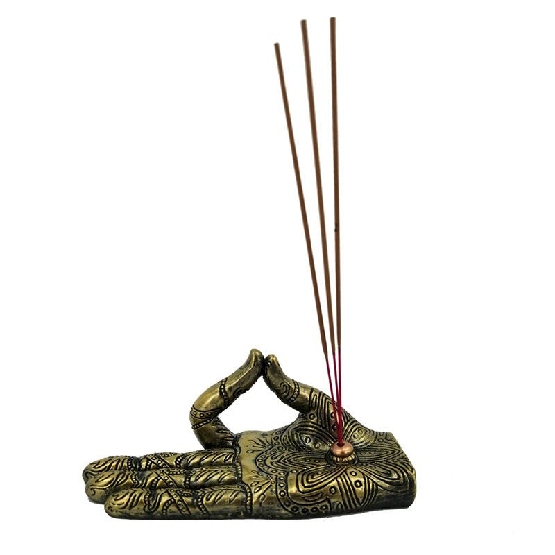 Henna Buddha Hand resin ashcatcher incense burner with intricate henna-style designs