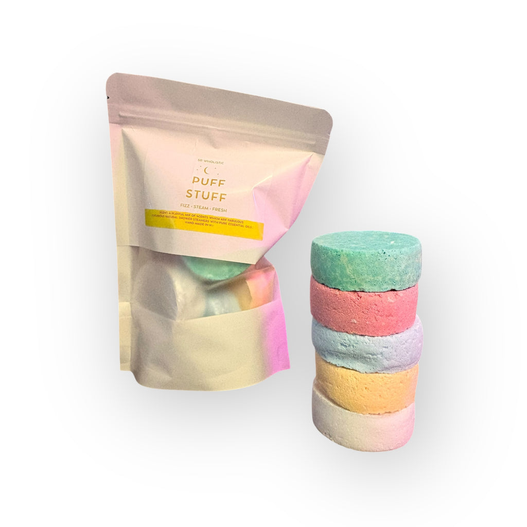 The Glow & Go Kit - Featuring: Puff Stuff (5 Aromatherapy Shower Bombs) • Buff Stuff • Sunshine Soul Soap Luxury Self-Care Gift Set