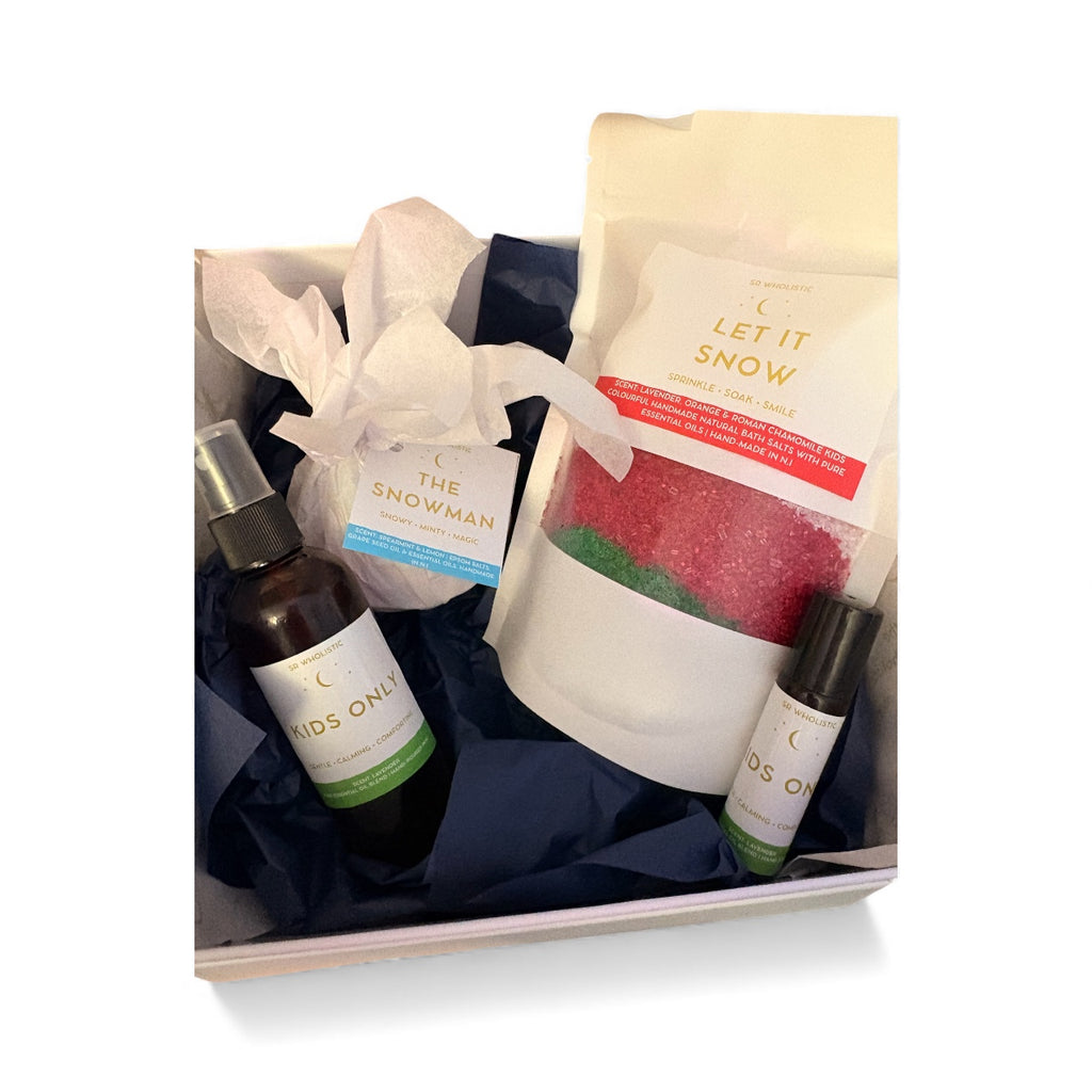 The Snowman Self Care Gift Set  - Let It Snow Bath Salts • Kids Lavender Pillow Spray • Kids Lavender Rollerball • Snowman Bath Bomb Festive Kids Wellness Gift Set