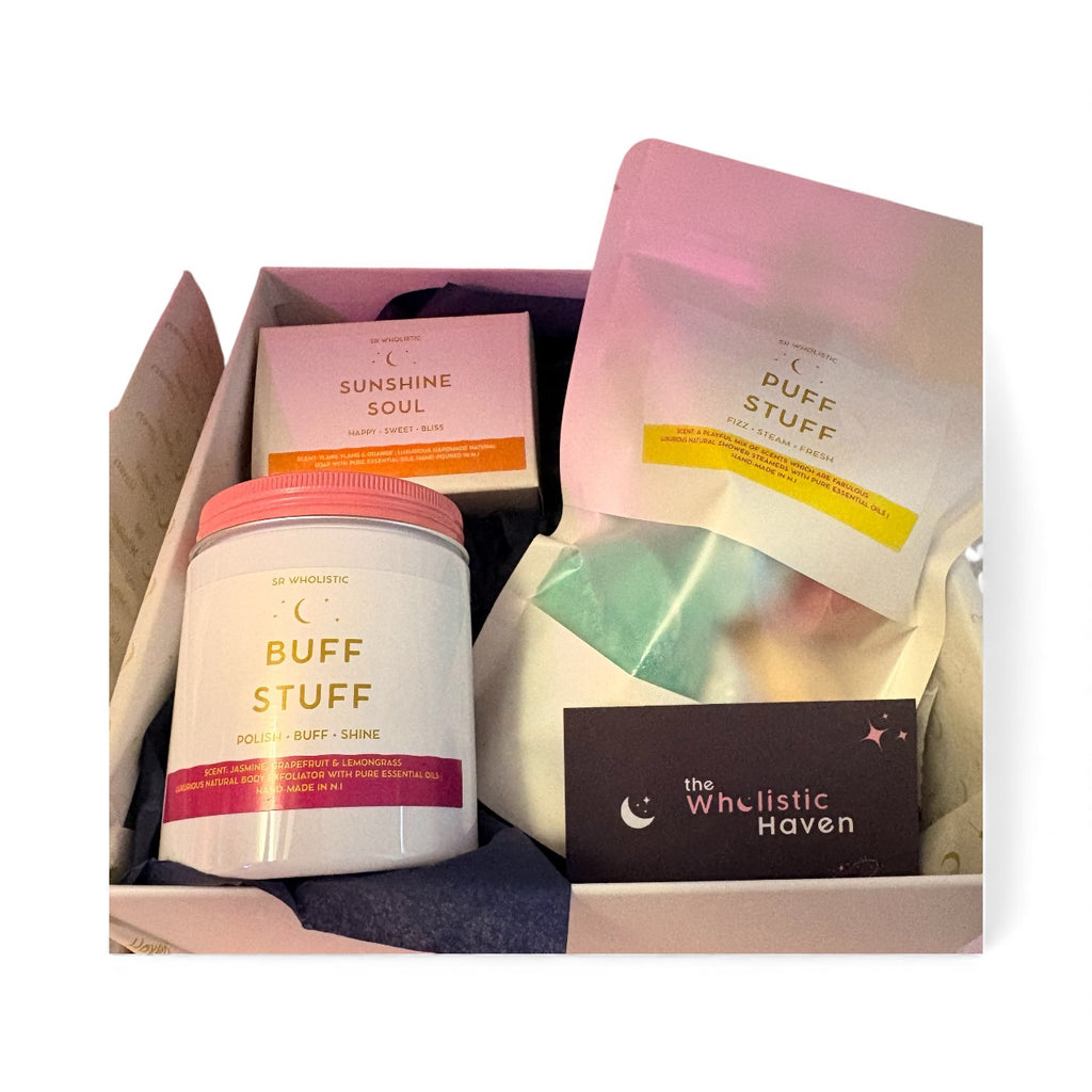 The Glow & Go Kit - Featuring: Puff Stuff (5 Aromatherapy Shower Bombs) • Buff Stuff • Sunshine Soul Soap Luxury Self-Care Gift Set