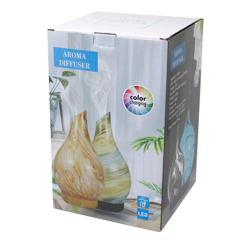 Box packaging of an aroma diffuser with images of diffusers and text on a white background