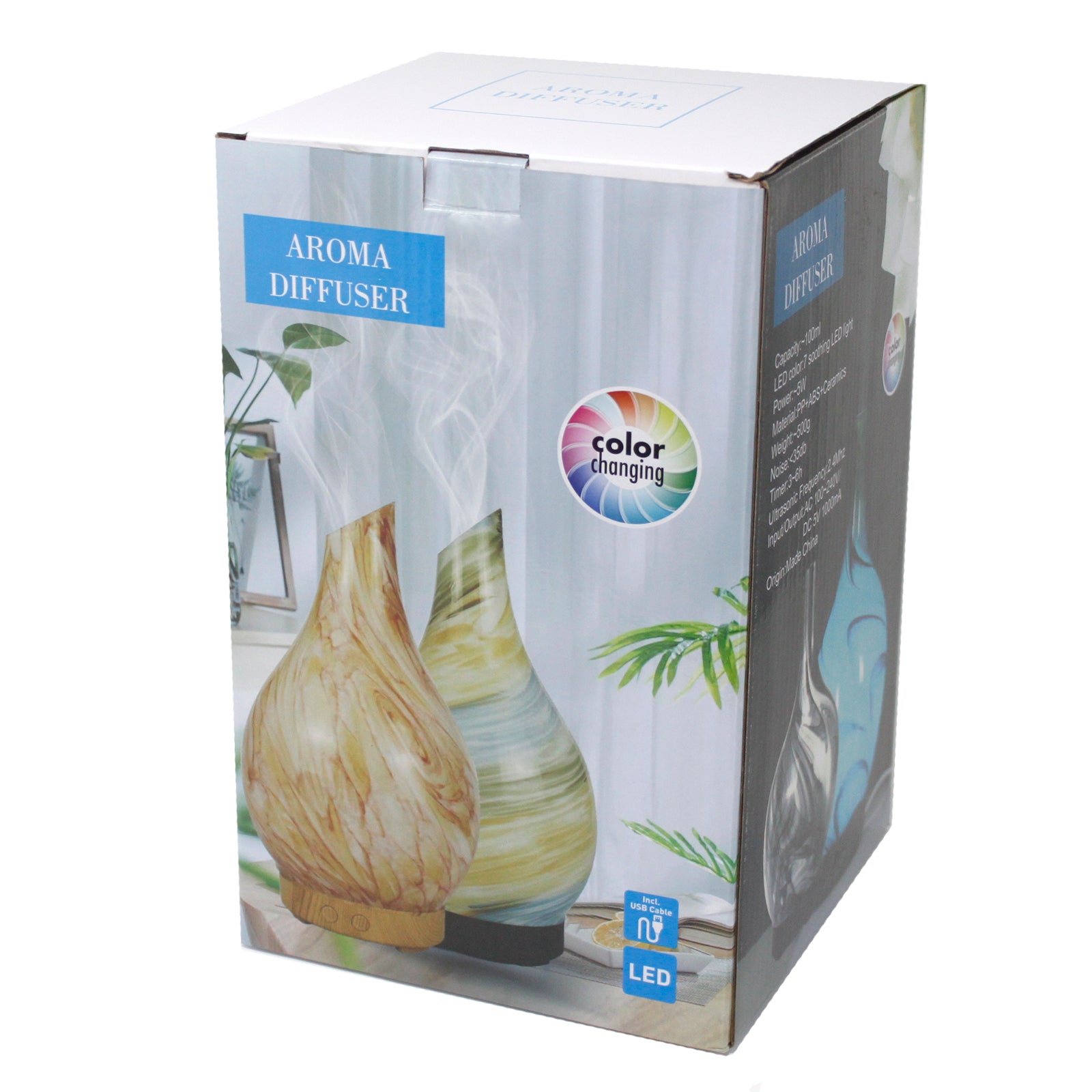 Box packaging of an aroma diffuser with images of diffusers and text on a white background