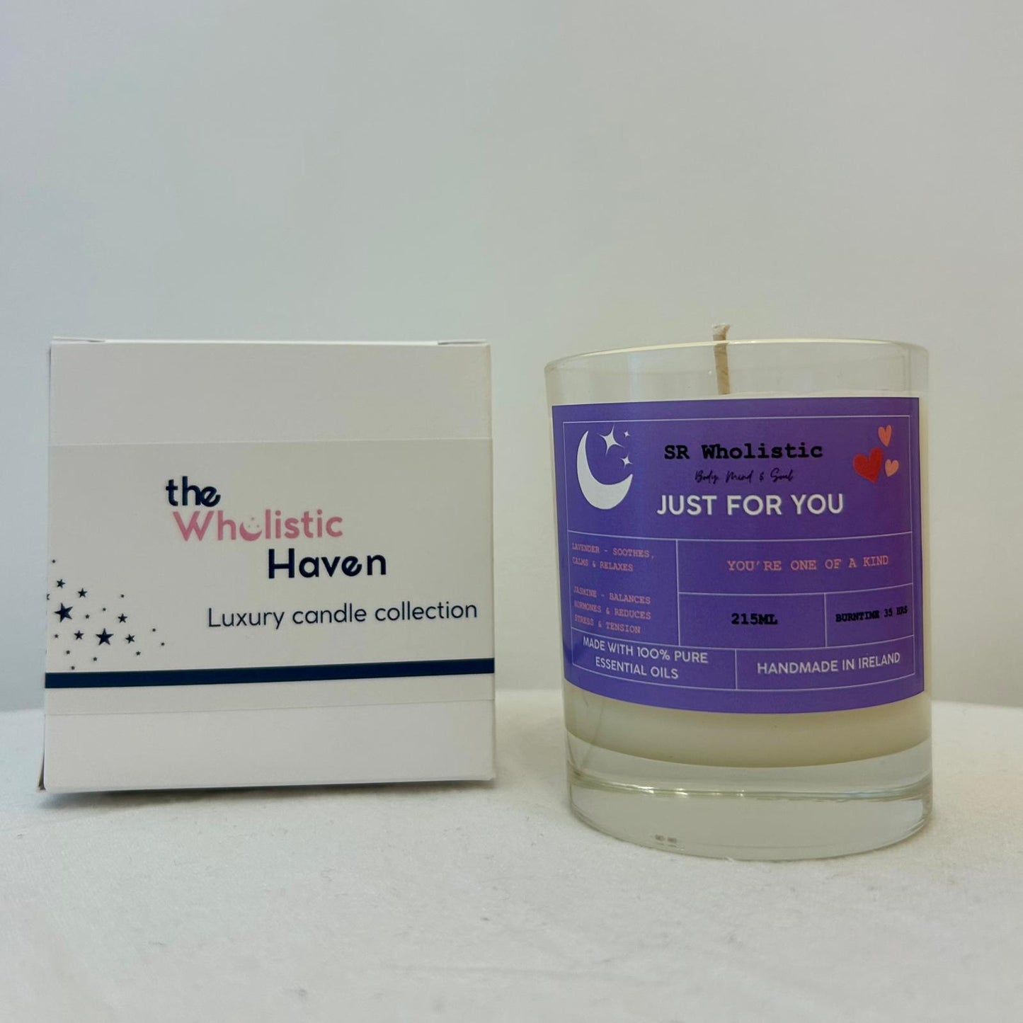 "Just For You candle positioned beside its branded packaging box on a clean, gift-ready surface."