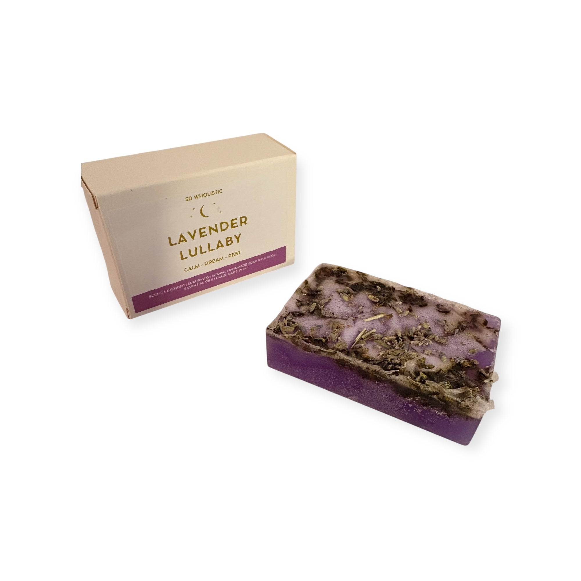 Purple soap bar with 'Lavender Lullaby' packaging on a white background