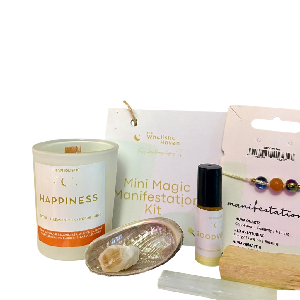 “Mini Magic Manifestation Kit with candle, essential oil, Palo Santo, selenite, abalone shell, citrine and bracelet.”