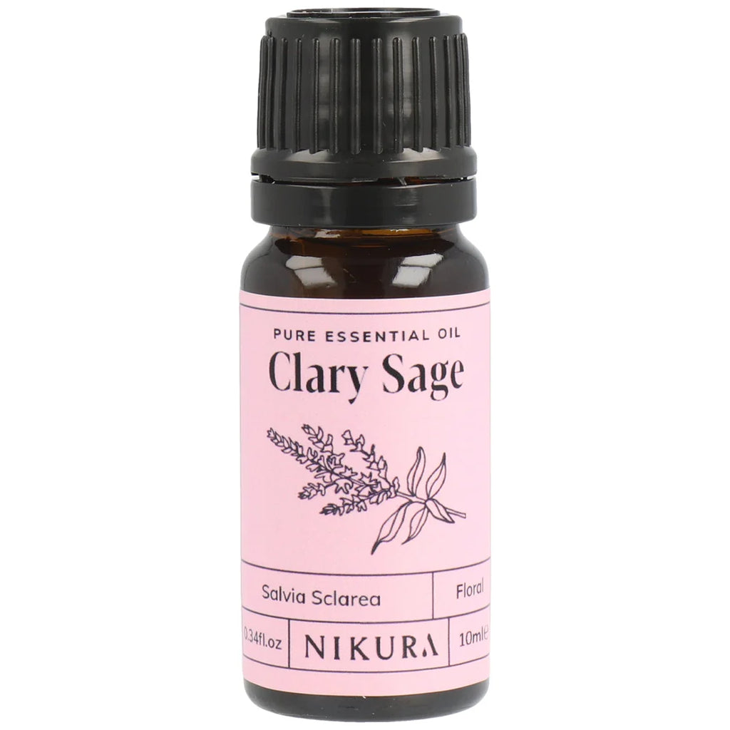 Nikura Clary Sage essential oil bottle with pink label on a white background