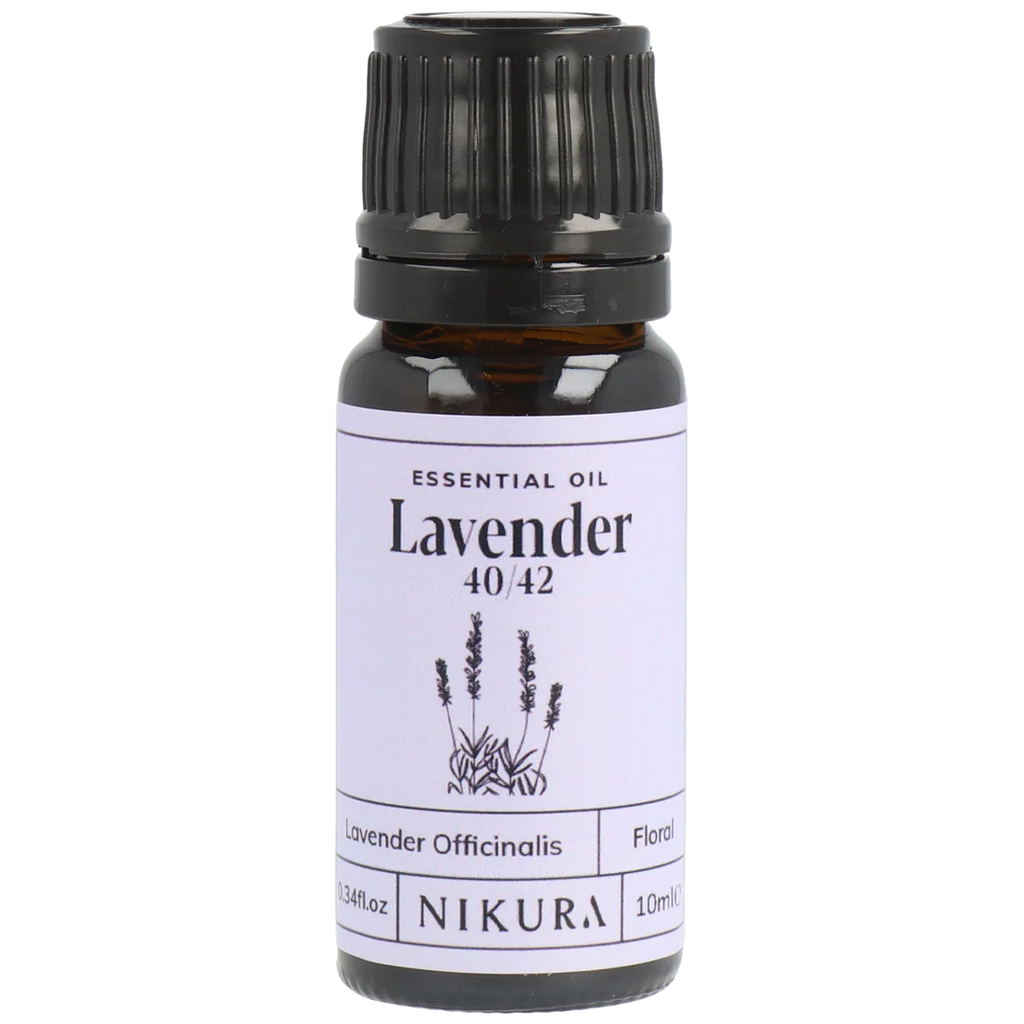 Nikura lavender essential oil bottle on a white background