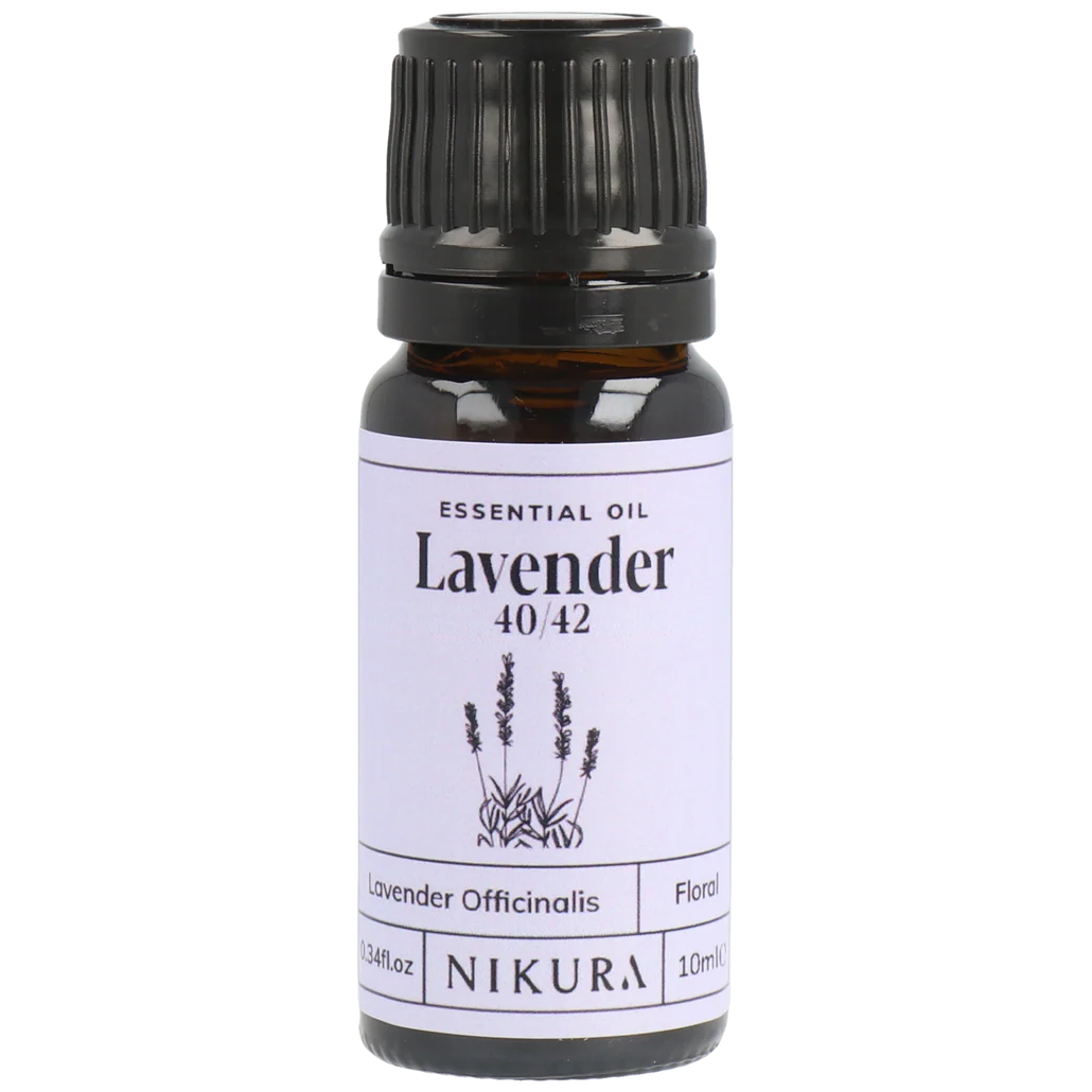 Nikura lavender essential oil bottle on a white background