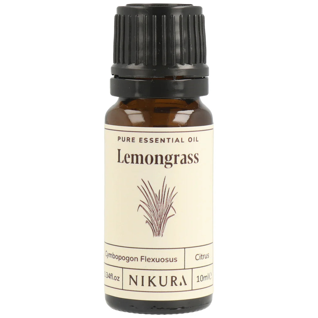 Nikura Lemongrass essential oil bottle on a white background
