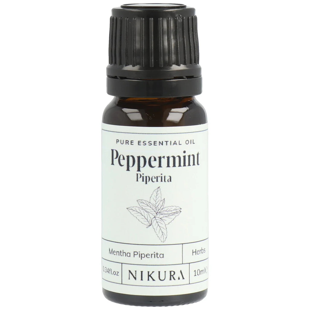 Nikura peppermint essential oil bottle on a white background