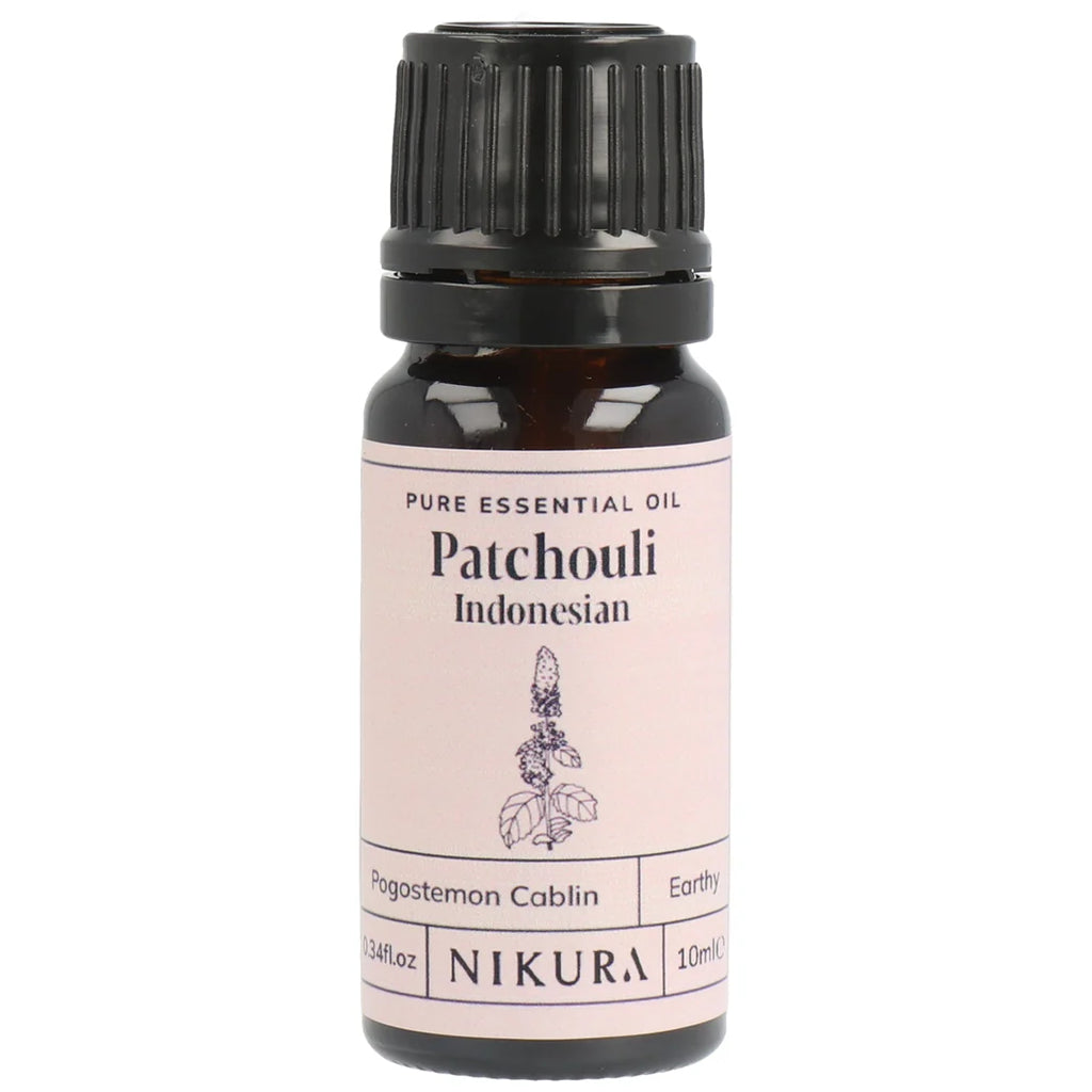 Nikura Patchouli Indonesian essential oil bottle on a white background