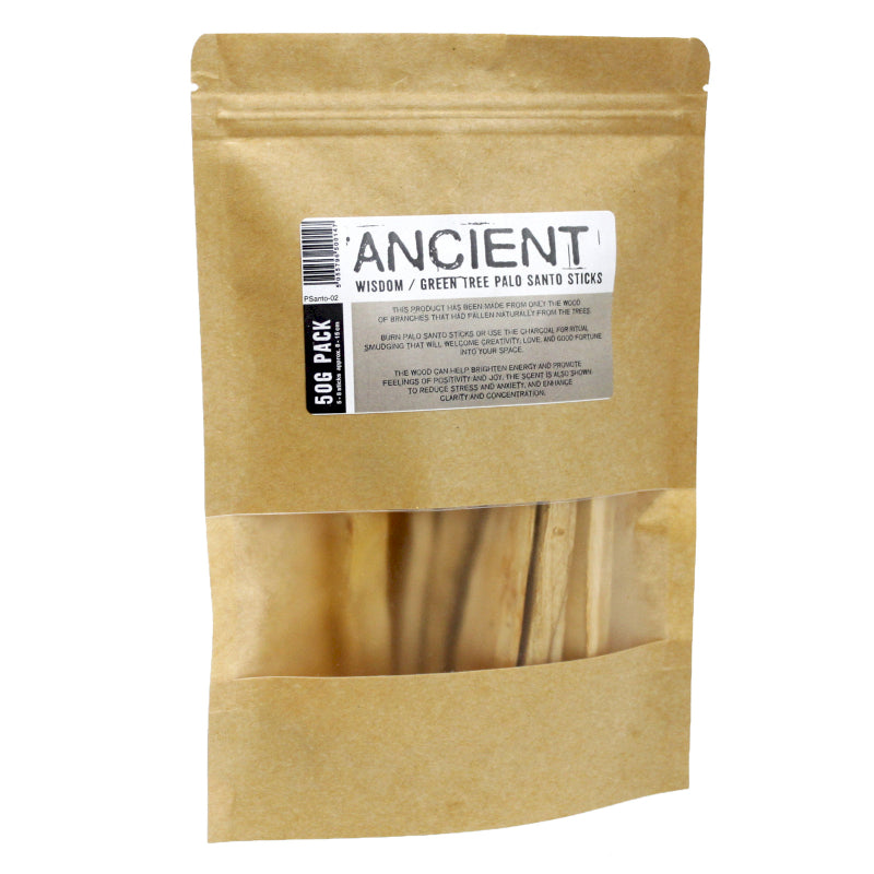 Kraft paper packaging with 'Ancient Wisdom' label containing Palo Santo sticks on a white background