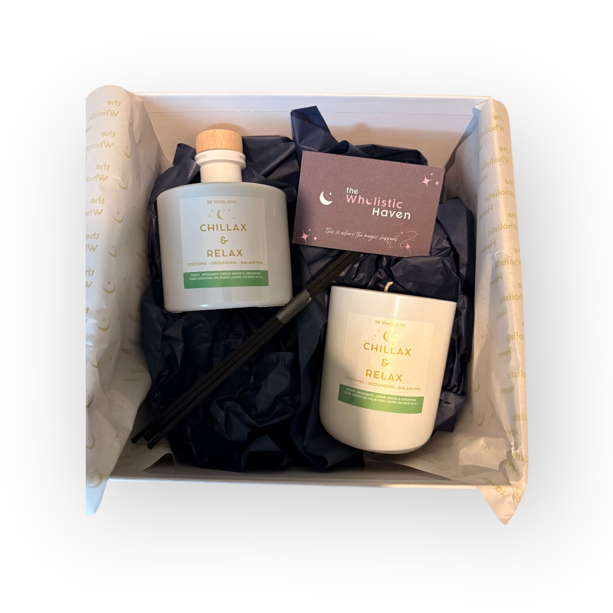 Chillax & Relax Candle & Reed Diffuser Set – Cedarwood, Bergamot & Geranium