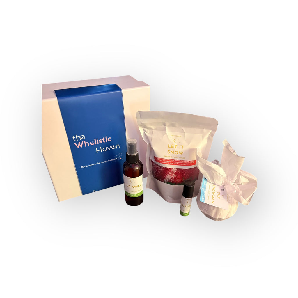 The Snowman Self Care Gift Set  - Let It Snow Bath Salts • Kids Lavender Pillow Spray • Kids Lavender Rollerball • Snowman Bath Bomb Festive Kids Wellness Gift Set