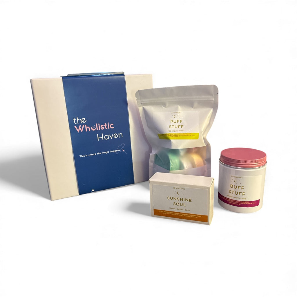 The Glow & Go Kit - Featuring: Puff Stuff (5 Aromatherapy Shower Bombs) • Buff Stuff • Sunshine Soul Soap Luxury Self-Care Gift Set