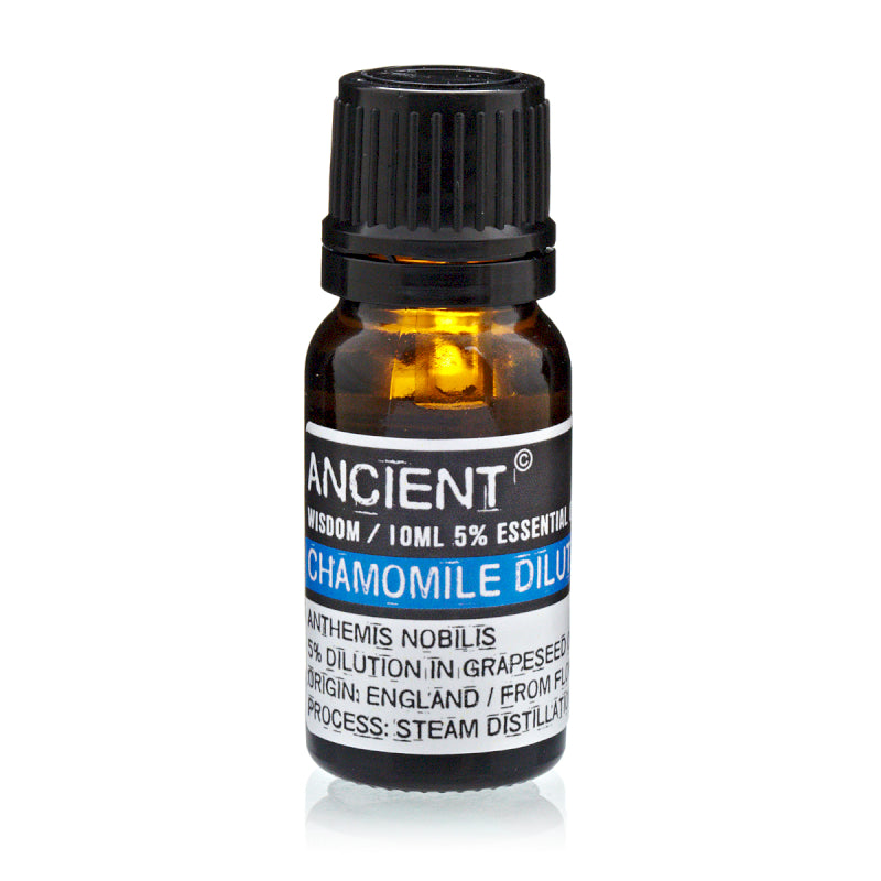 Bottle of chamomile dilution essential oil with a white label on a white background