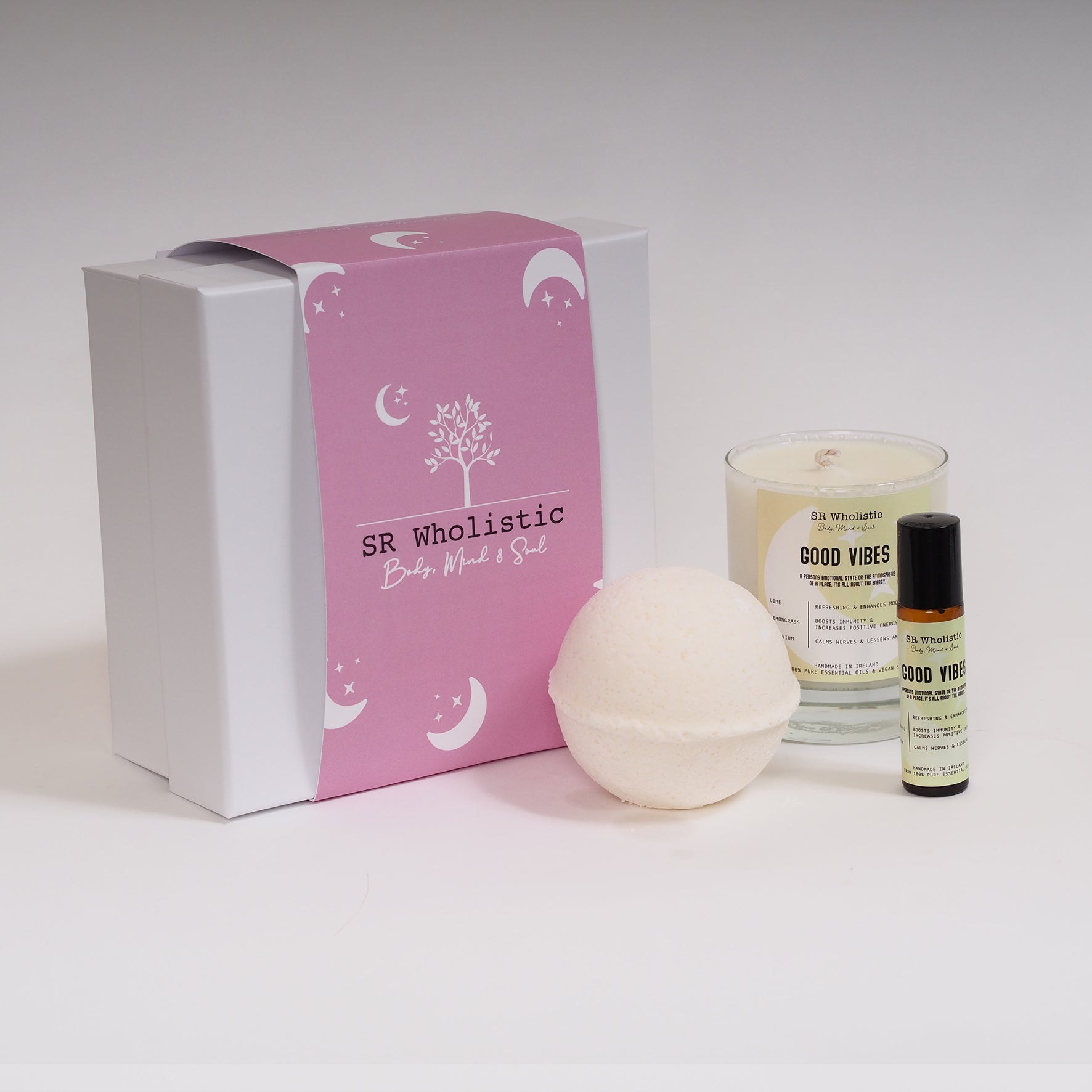 SRW AROMATHERAPY GIFT SET - INCLUDES CANDLE, BATH BOMB AND ROLLERBALL BLEND SET (GOODVIBES VARIANT)