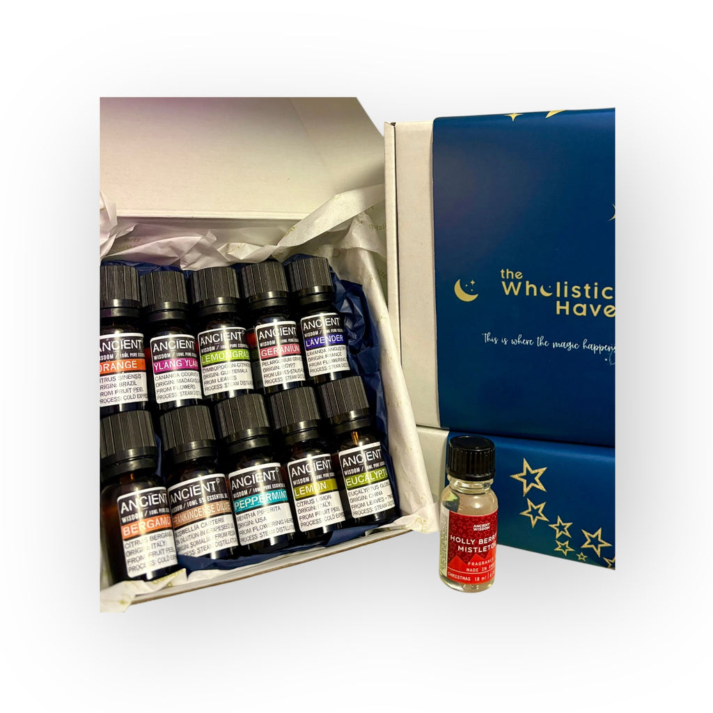 “The Scent Sanctuary essential oil collection of 10 popular oils with free festive fragrance.”