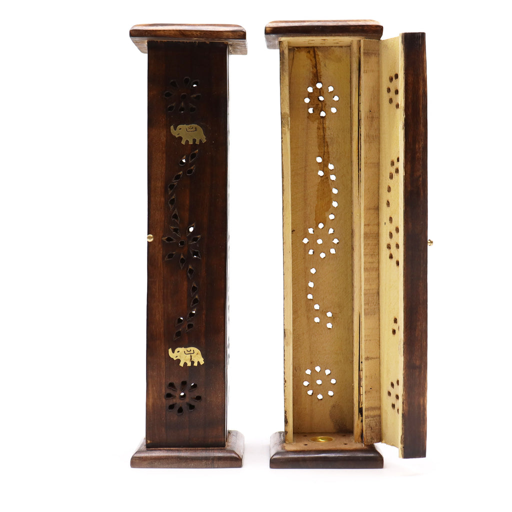 Two wooden incense holders with elephant designs on a white background