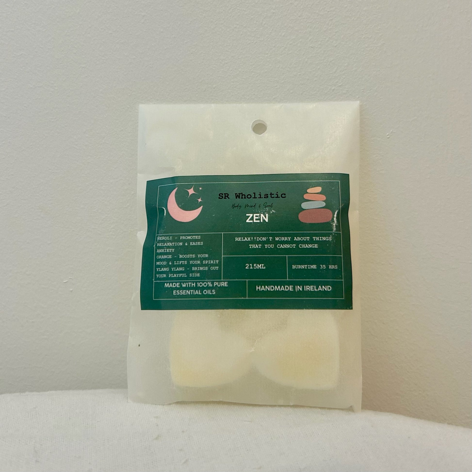 “Zen Wax Melts – Ylang Ylang, Neroli & Orange blend in eco packaging with five heart-shaped melts displayed.”