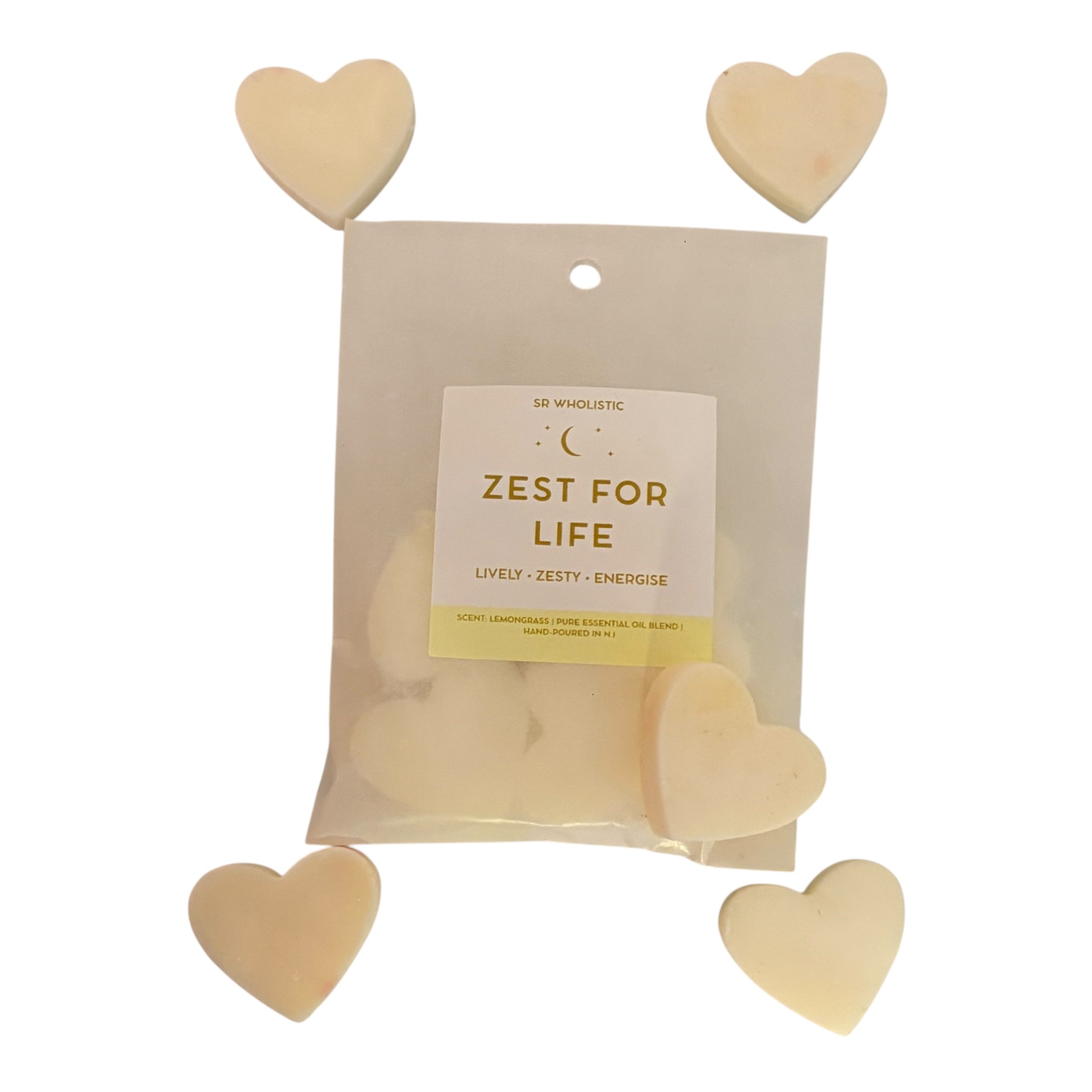 “SR Wholistic ‘Zest For Life’ wax melt pack surrounded by creamy heart-shaped melts on a white surface.”
