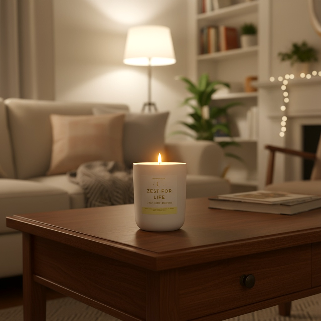 “Zest For Life candle glowing warmly in a cosy living room, the glossy white jar adding a bright, modern touch to the space.”
