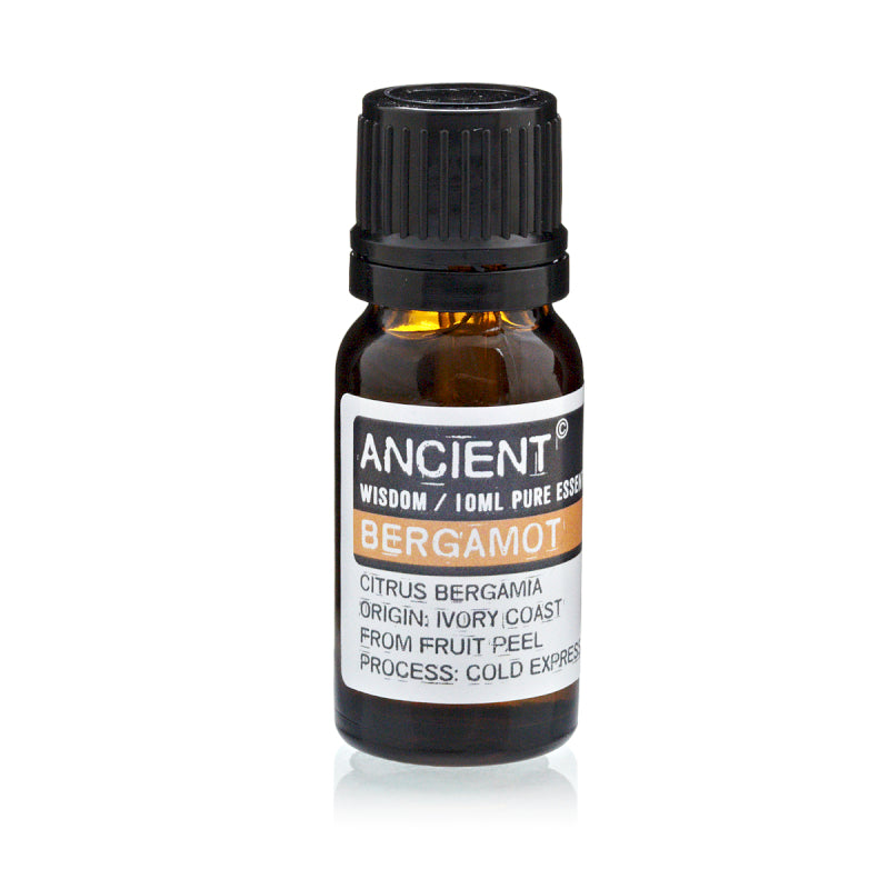 Bottle of Ancient Wisdom Bergamot essential oil on a white background