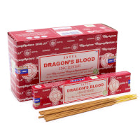 Dragon's Blood incense packaging with sticks on a white background