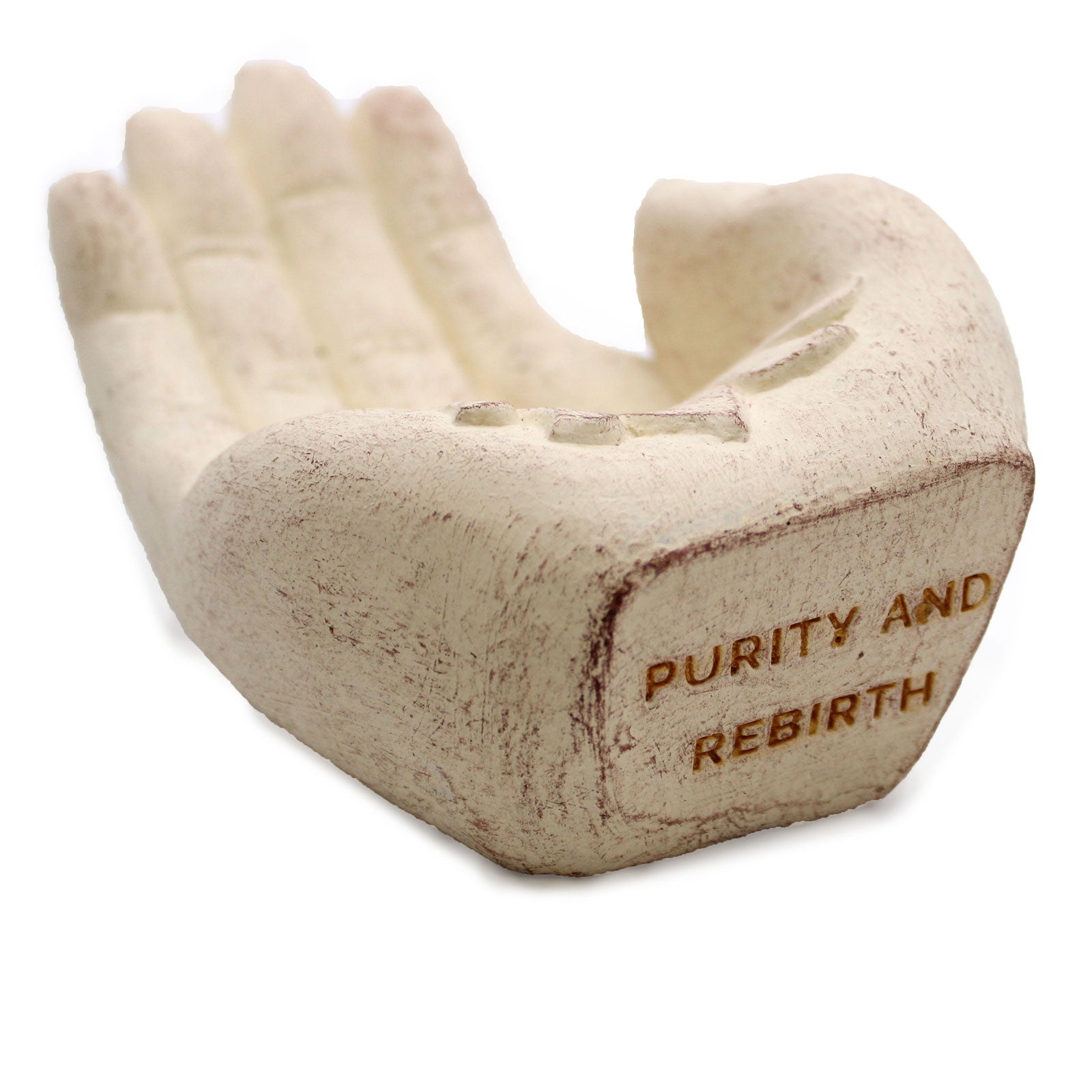 Decorative object shaped like a hand with 'Purity and Rebirth' text on a white background
